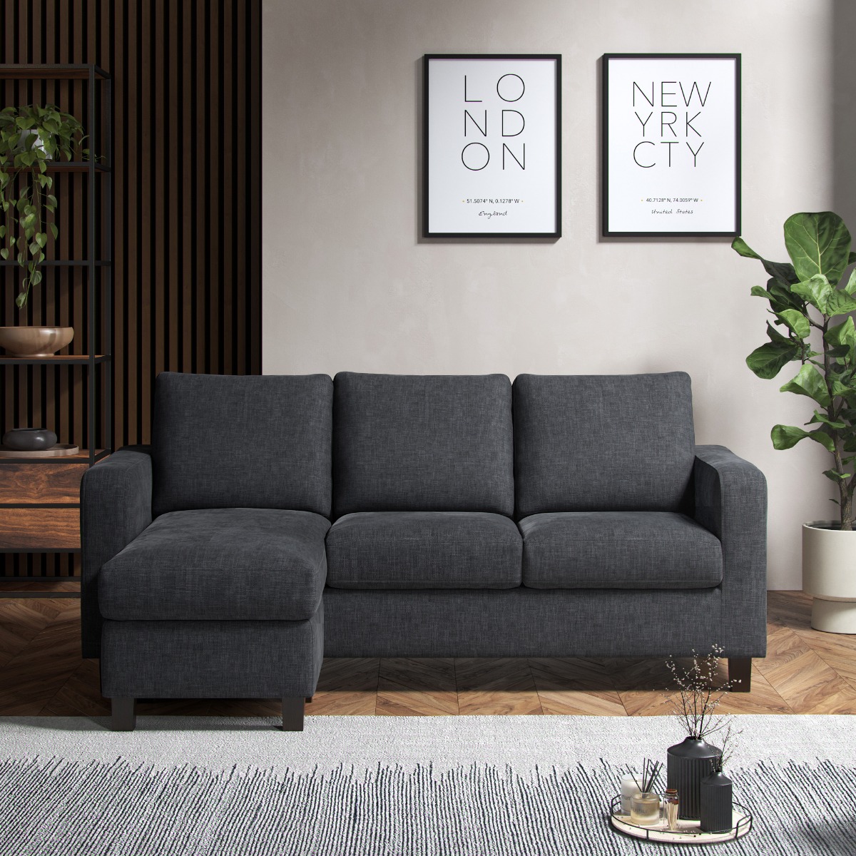 CARVENO Fabric 4 Seater Corner Sofa - L Shaped - Reversible Facing - Grey