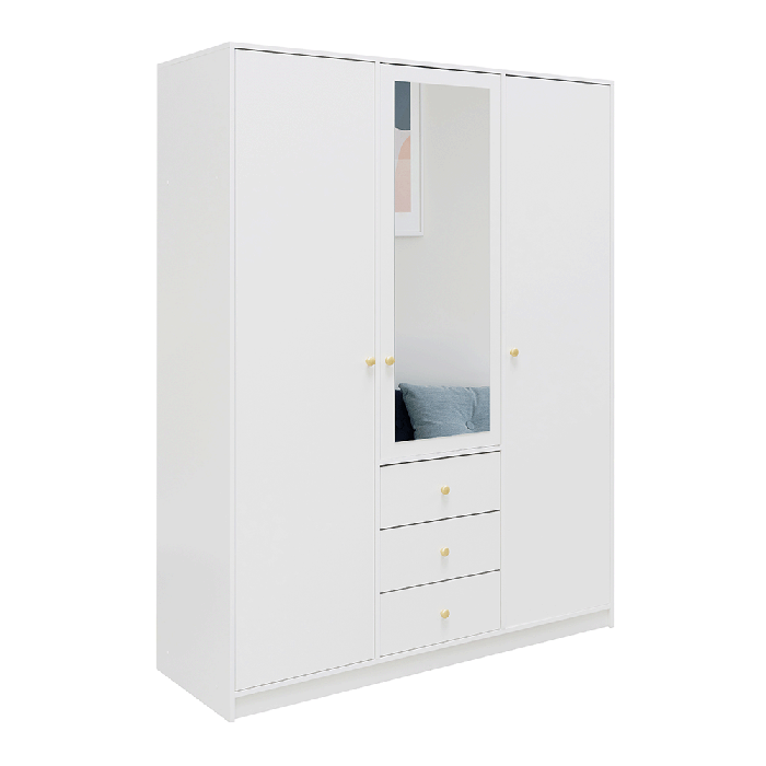 ELVIRO 3 Door Mirrored Wardrobe with 3 Drawers White - 149cm