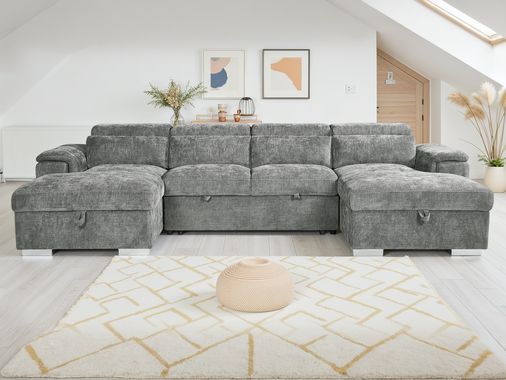 GRACELLO Fabric 6 Seater U Shaped Corner Sofa Bed - Grey