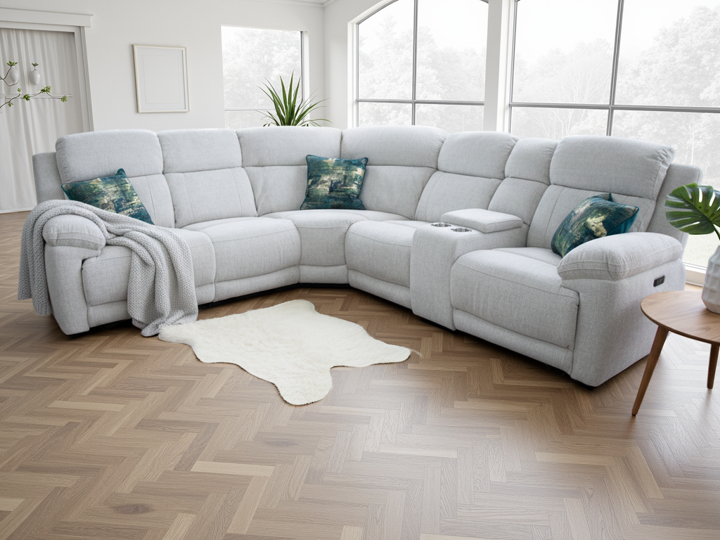 RAVELLE Fabric 5 Seater L Shaped Electric Recliner Corner Sofa - Cream