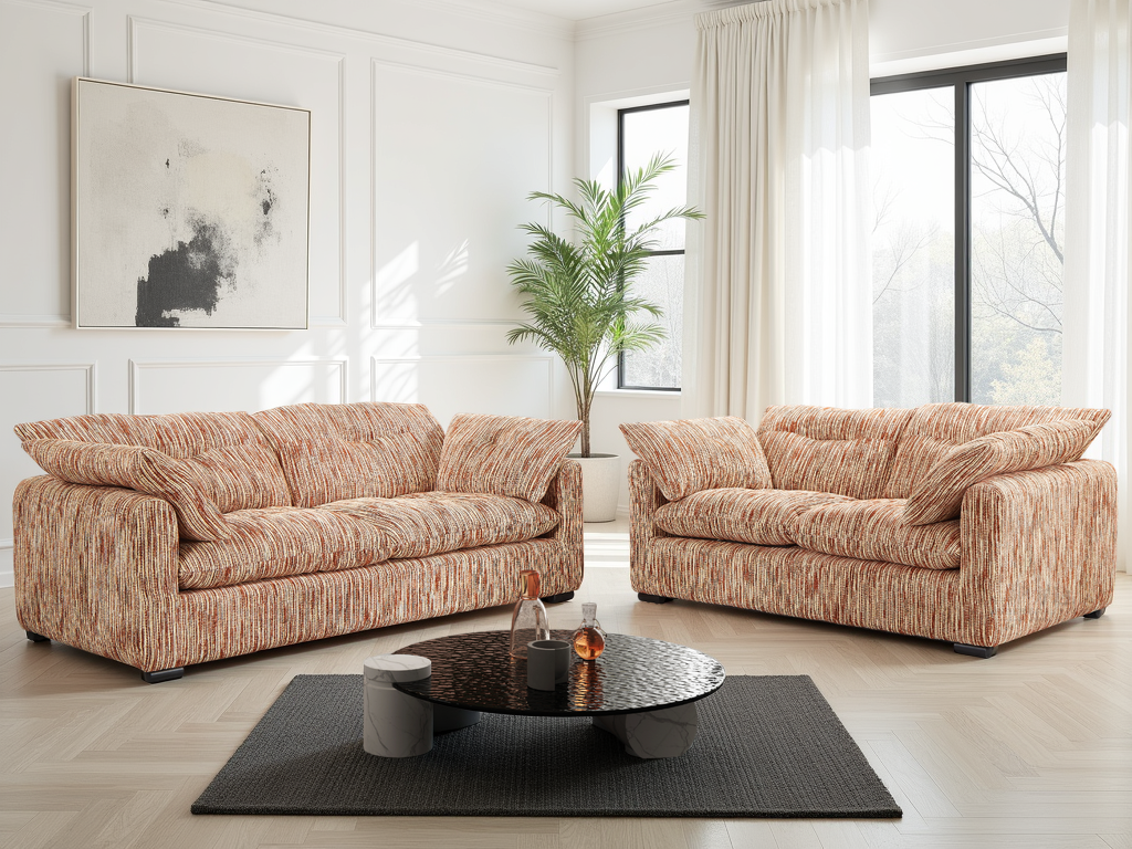 HAWKSTONE Fabric 3 and 2 Seater Sofa Set - Rust and Beige