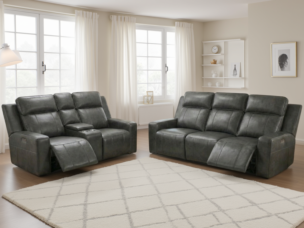 CALVIRO Leather 3 and 2 Seater Electric Recliner Sofa Set - Grey