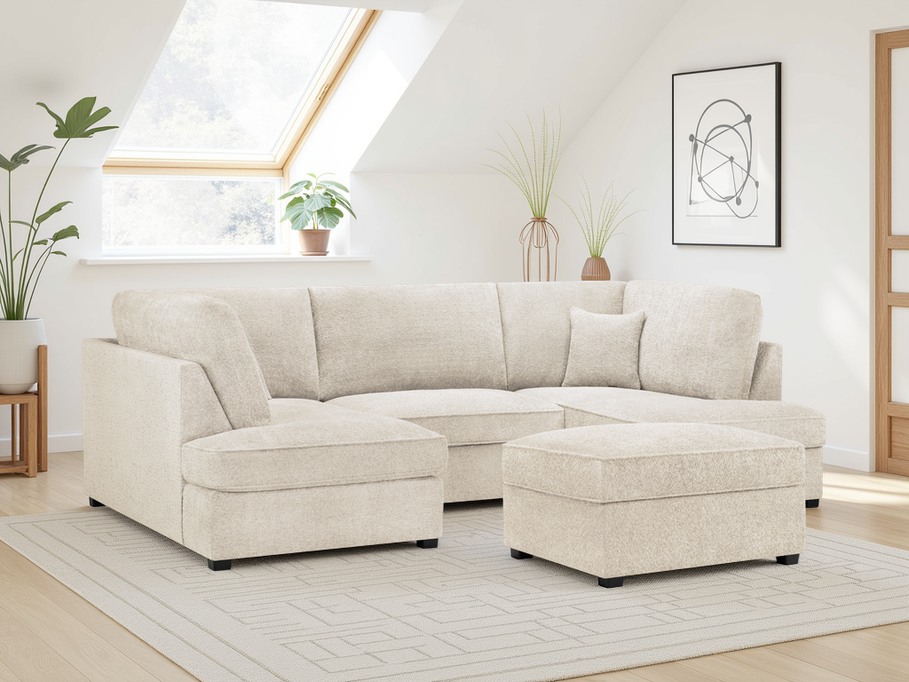 BEXON Boucle Fabric 5 Seater U Shaped Corner Sofa - Beige