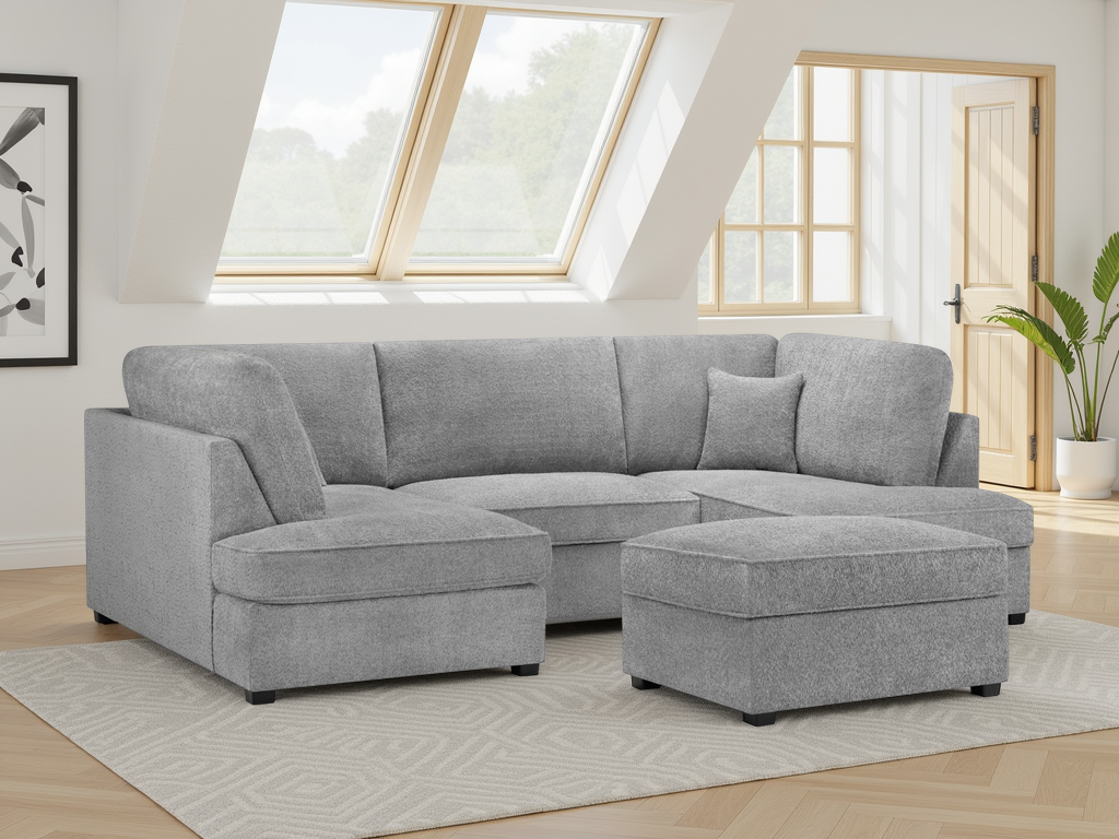 BEXON Boucle Fabric 5 Seater U Shaped Corner Sofa - Grey