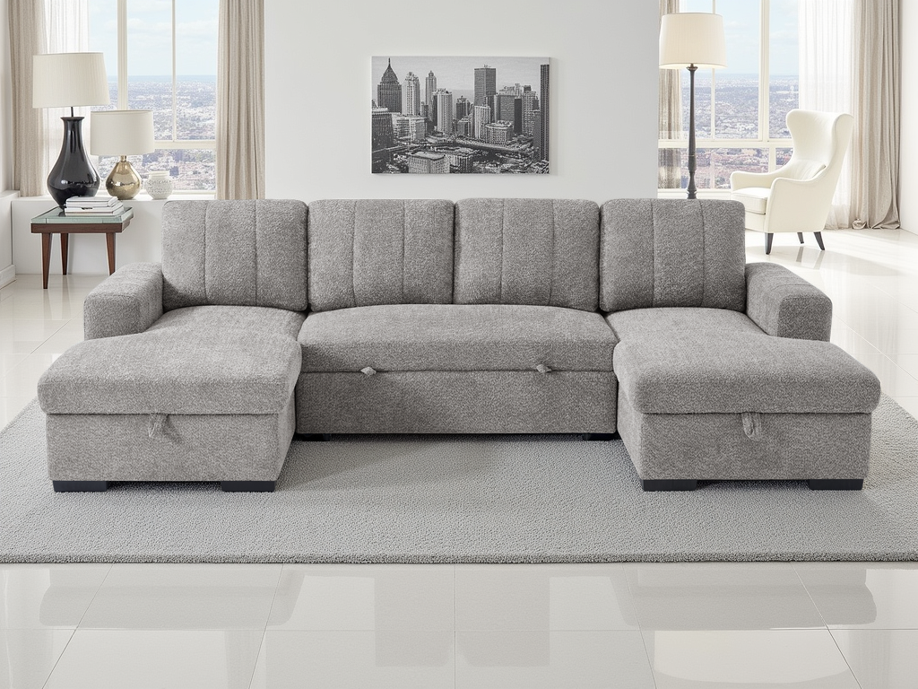 FENTARO Fabric 4 Seater U Shaped Corner Sofa Bed - Grey