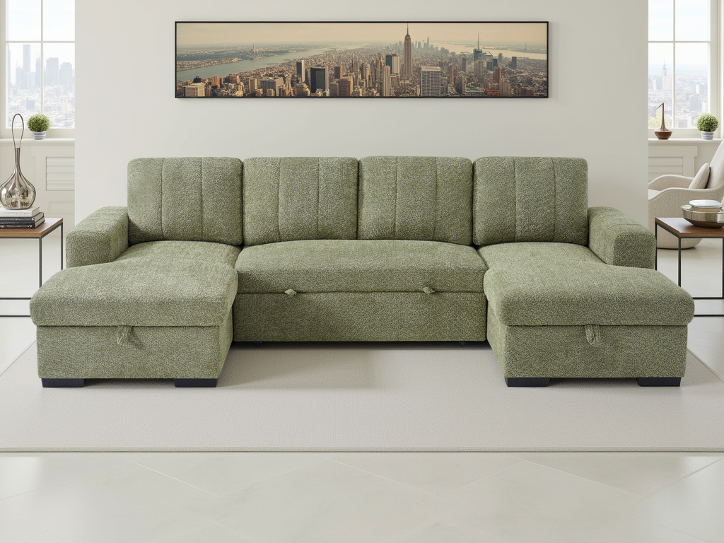 FENTARO Fabric 4 Seater U Shaped Corner Sofa Bed - Green