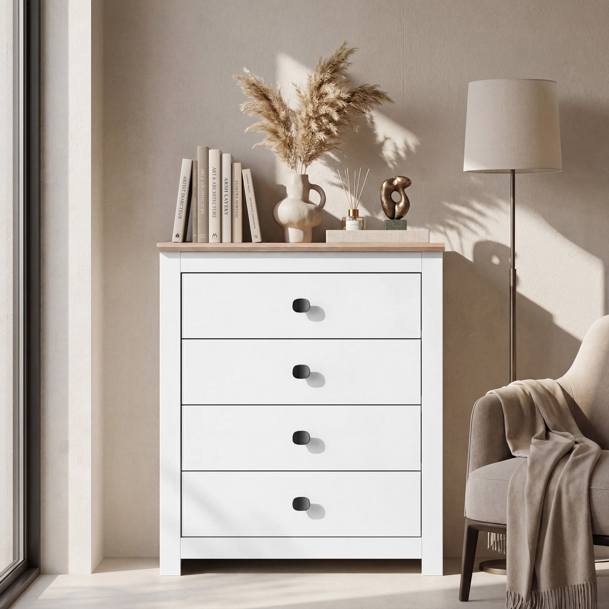 MILANA White Chest of Drawers - Medium-sized, 4 Drawers