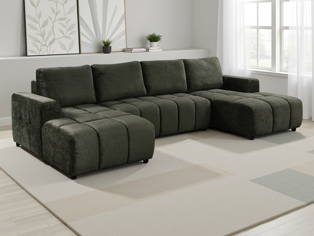 NORVENA Fabric 4 Seater U Shaped Corner Sofa Bed - Green