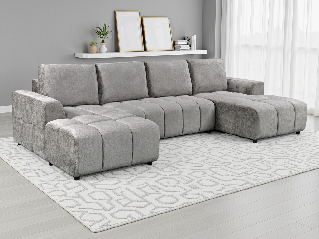NORVENA Fabric 4 Seater U Shaped Corner Sofa Bed - Grey