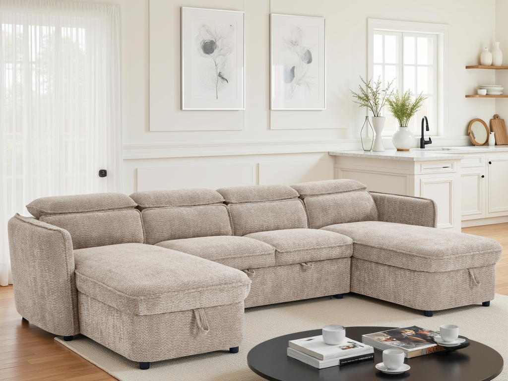 ELVAREN Fabric 4 Seater U Shaped Corner Sofa Bed - Beige