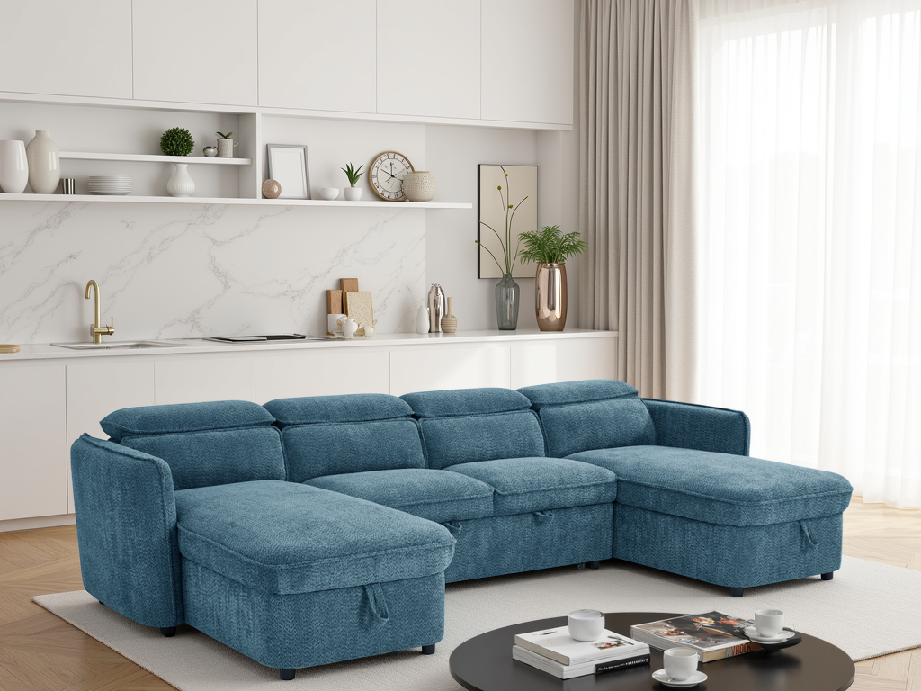 ELVAREN Fabric 4 Seater U Shaped Corner Sofa Bed - Blue