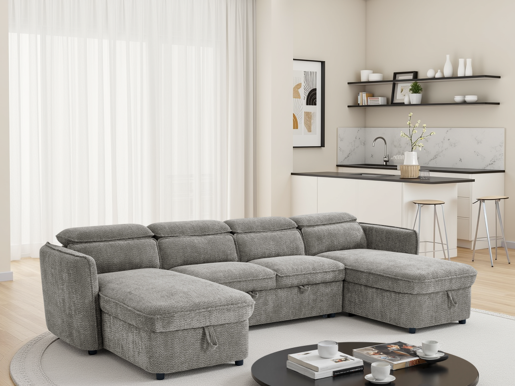 ELVAREN Fabric 4 Seater U Shaped Corner Sofa Bed - Grey