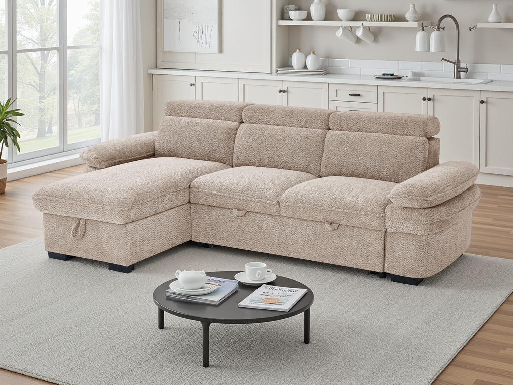 CAVENTO Fabric 3 Seater L Shaped Corner Sofa Bed - Beige, Universal Facing