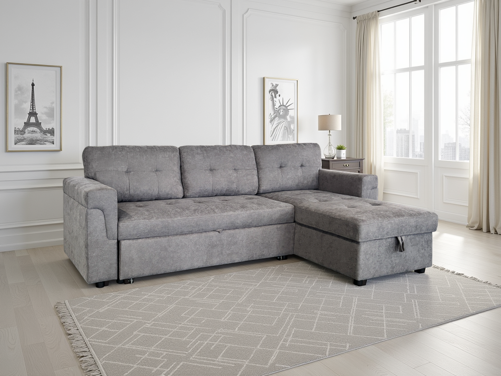 DALERON Fabric 3 Seater L Shaped Corner Sofa Bed - Grey, Reversible Facing