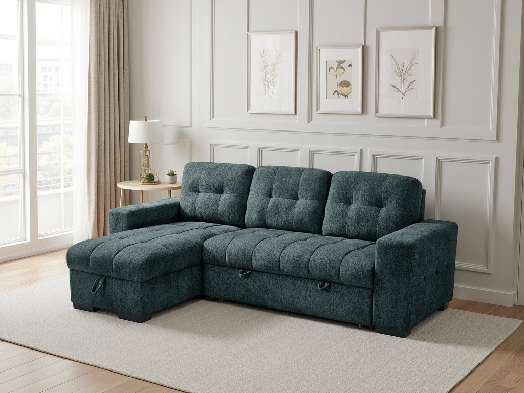 DONATELLO Fabric 3 Seater L Shaped Corner Sofa Bed - Blue, Reversible Facing