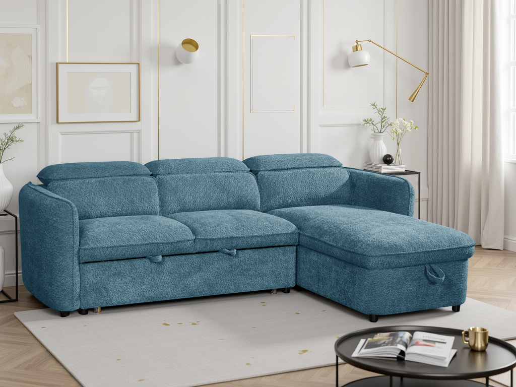 ELVAREN Fabric 3 Seater L Shaped Corner Sofa Bed - Blue, Universal Facing