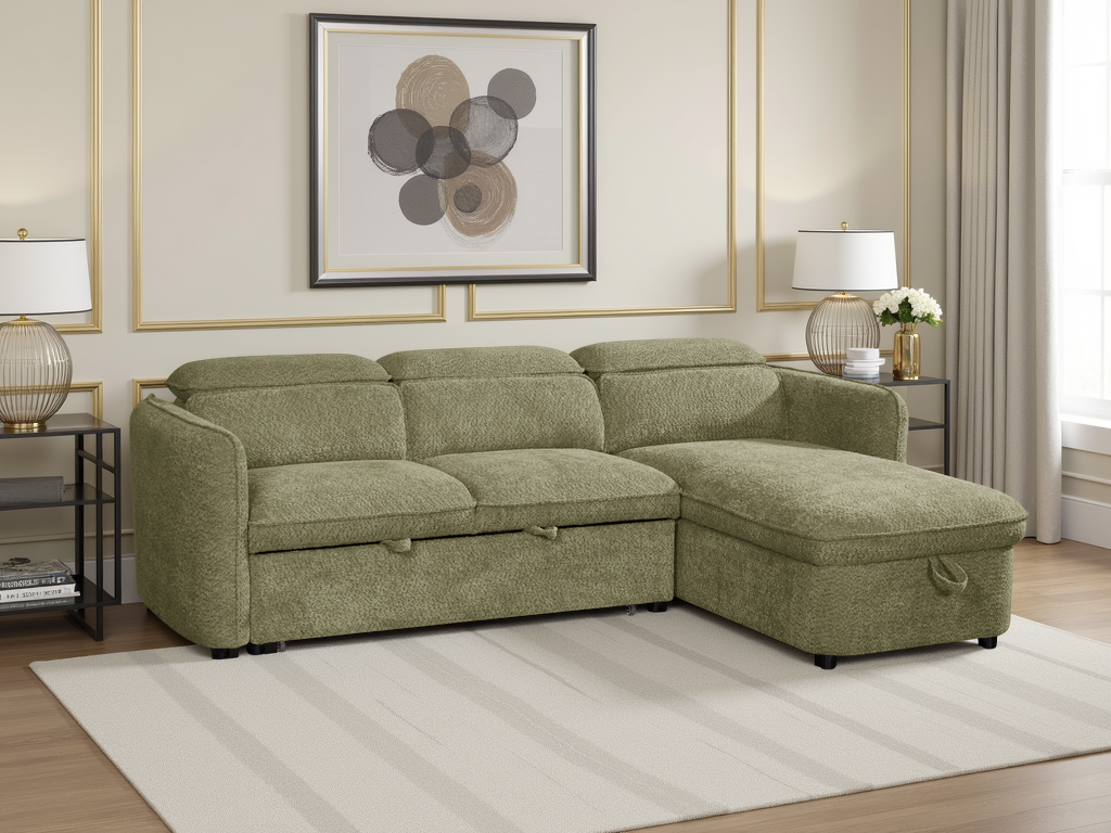 ELVAREN Fabric 3 Seater L Shaped Corner Sofa Bed - Green, Universal Facing