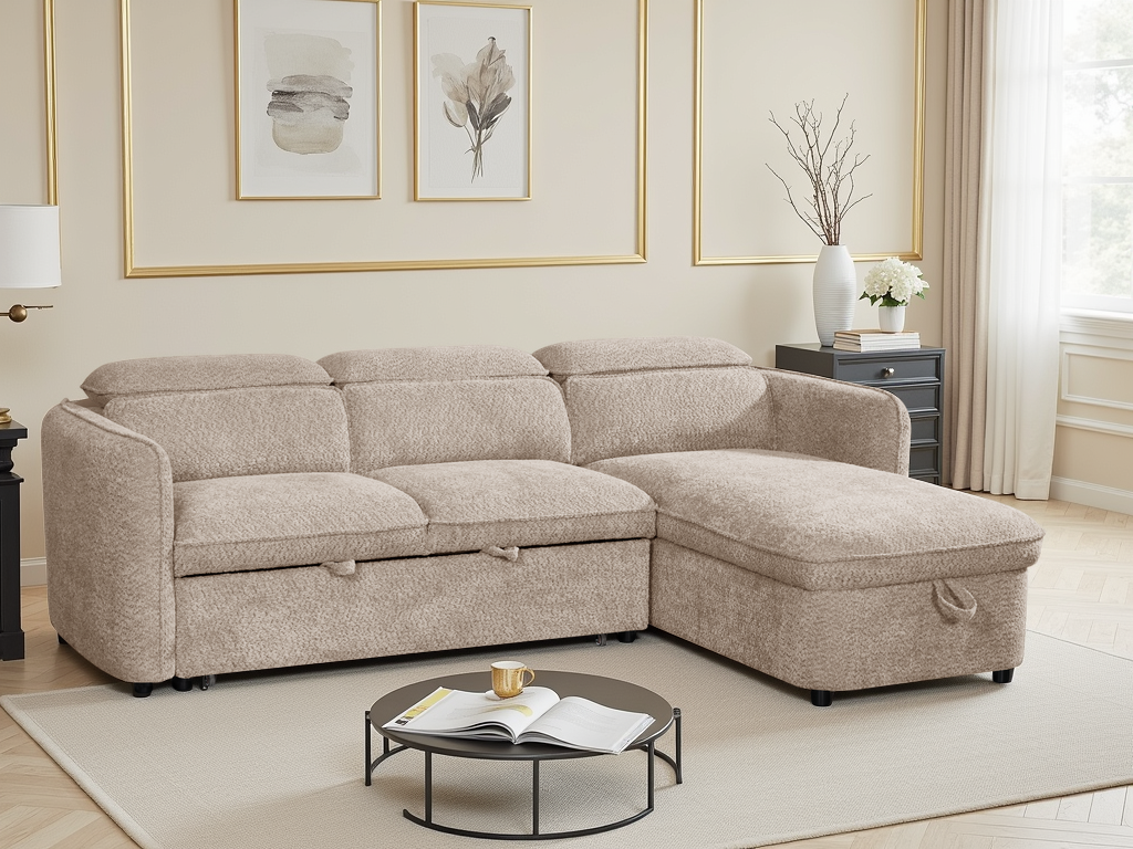 ELVAREN Fabric 3 Seater L Shaped Corner Sofa Bed - Beige, Universal Facing
