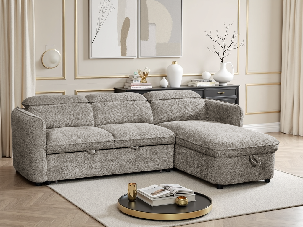 ELVAREN Fabric 3 Seater L Shaped Corner Sofa Bed - Grey, Universal Facing