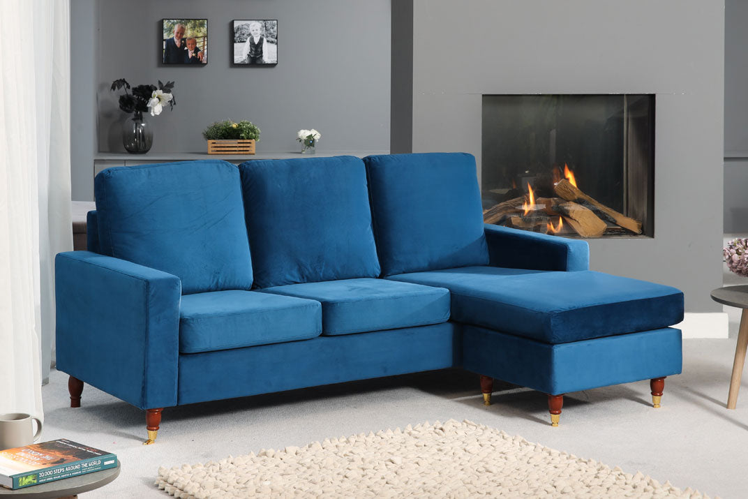 ORNOVA Velvet 3 Seater Reversible Corner Sofa- Blue
