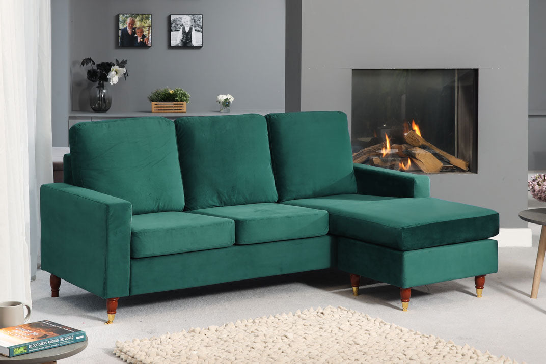 ORNOVA Velvet 3 Seater Reversible Corner Sofa- Green