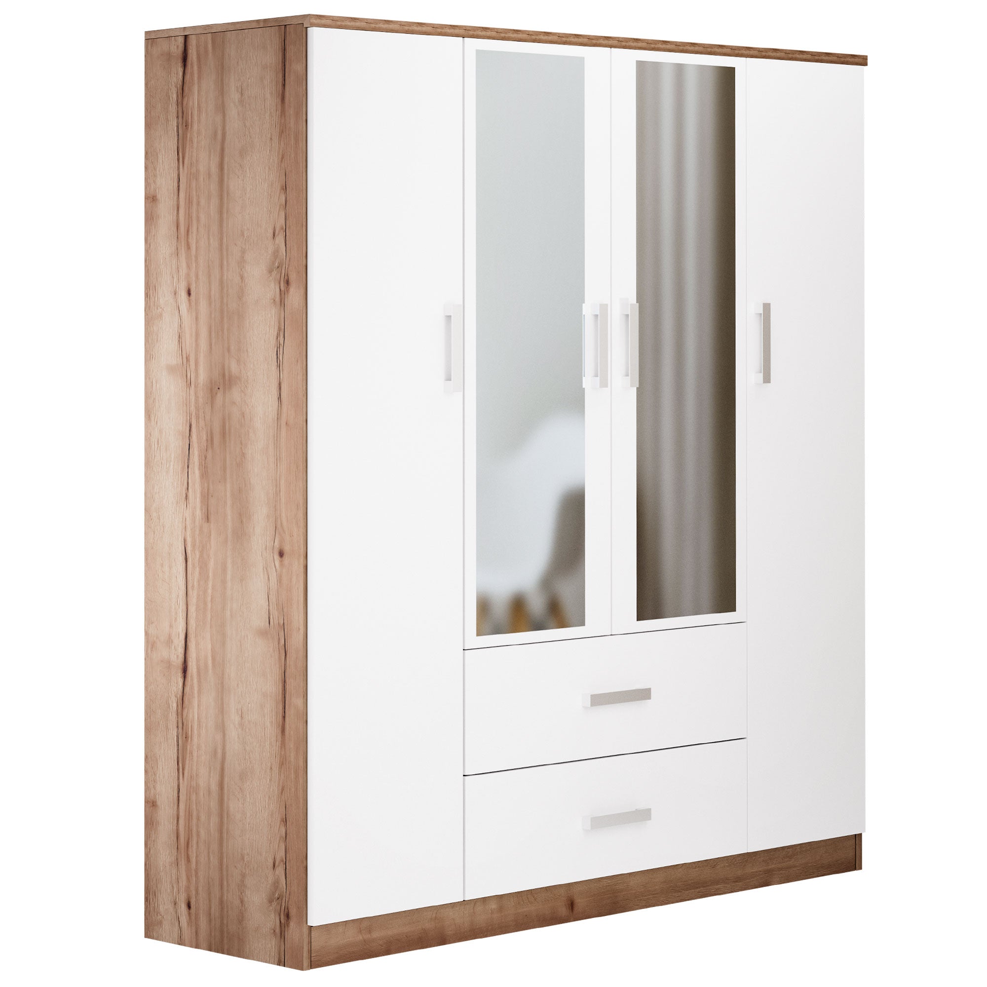 RUSI 4 Door Mirrored Wardrobe with 2 Drawers Oak with White - 156cm