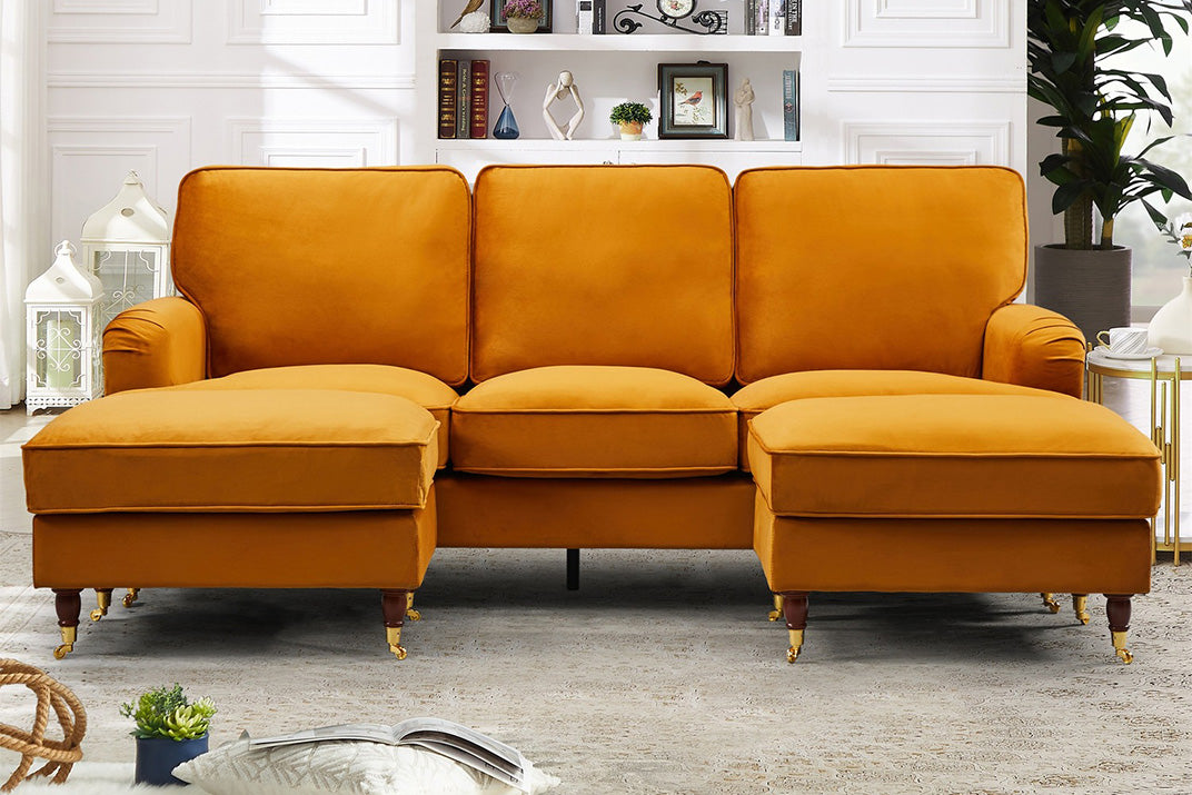 VELARO Velvet 5 Seater U-Shaped Corner Sofa- Orange