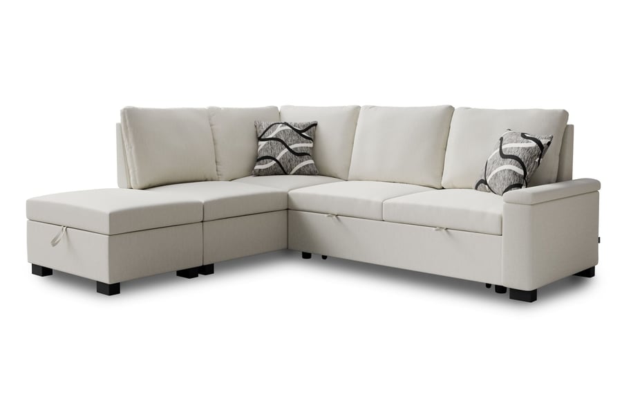 THORNWICK Fabric 4 Seater L Shaped Corner Sofa Bed - Cream, Left Hand Facing