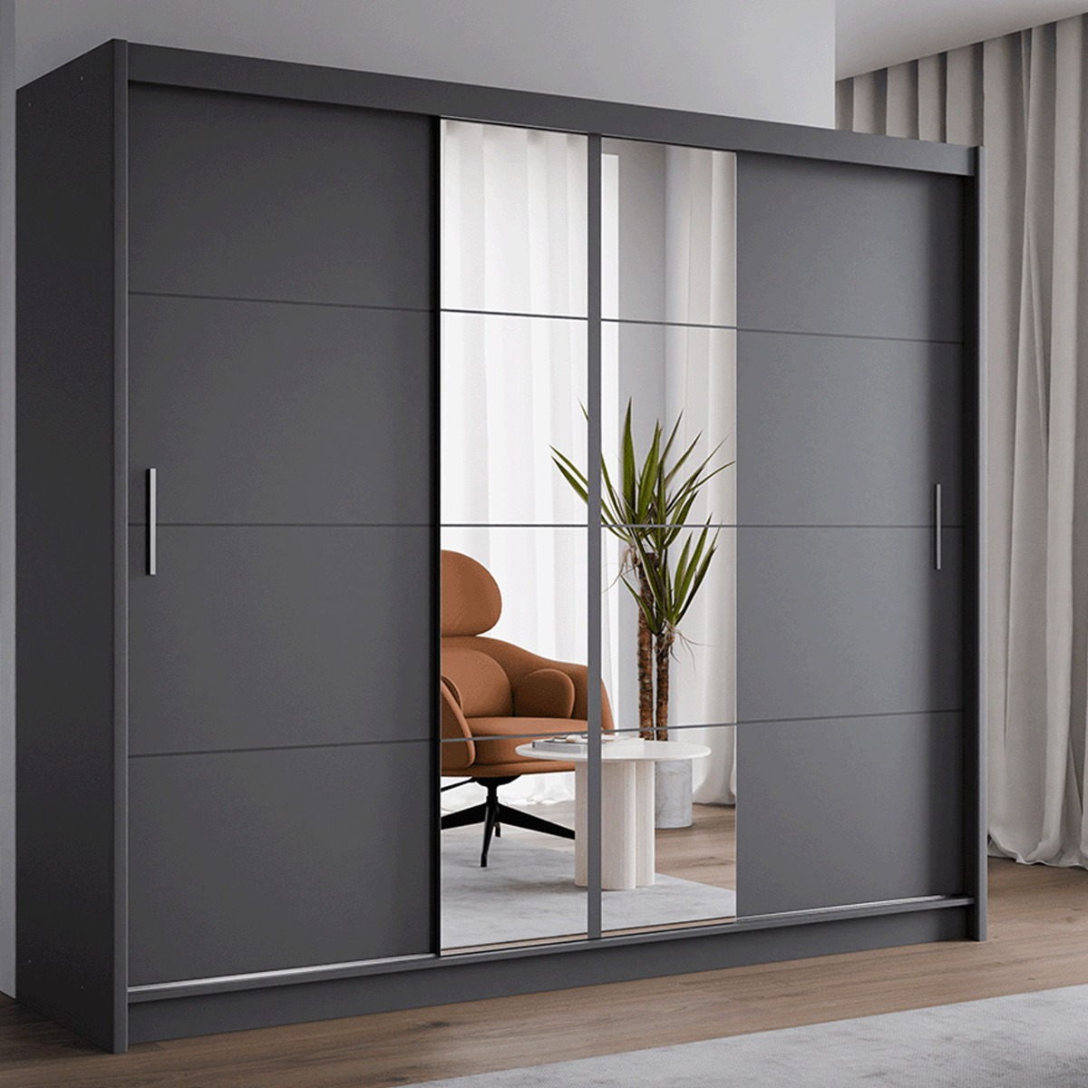 CHARNWOOD 2 Door Mirrored Sliding Wardrobe with 2 Drawers Graphite - 250cm