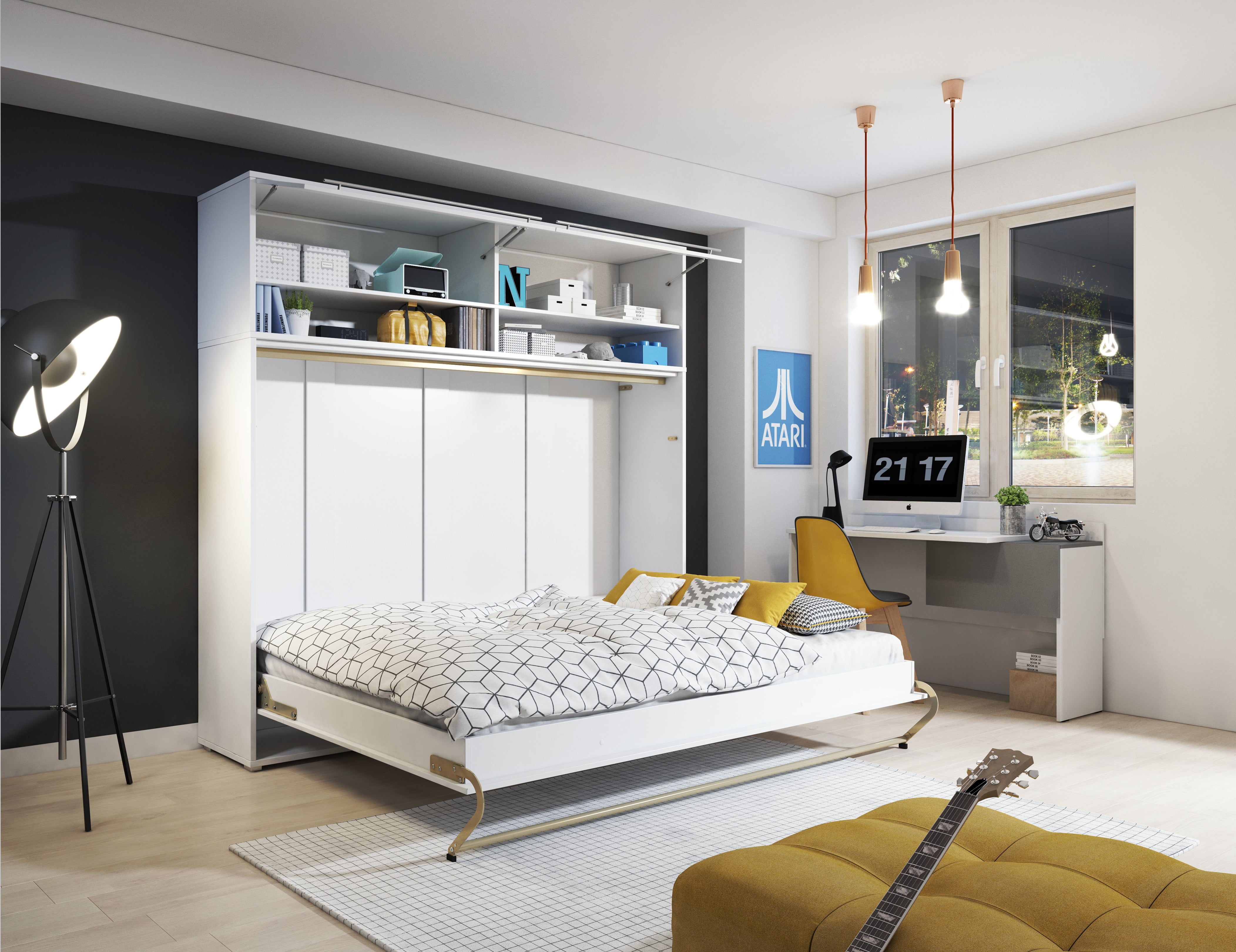 ArtNest Horizontal Wall Bed 120cm with Over Bed Unit - White Gloss