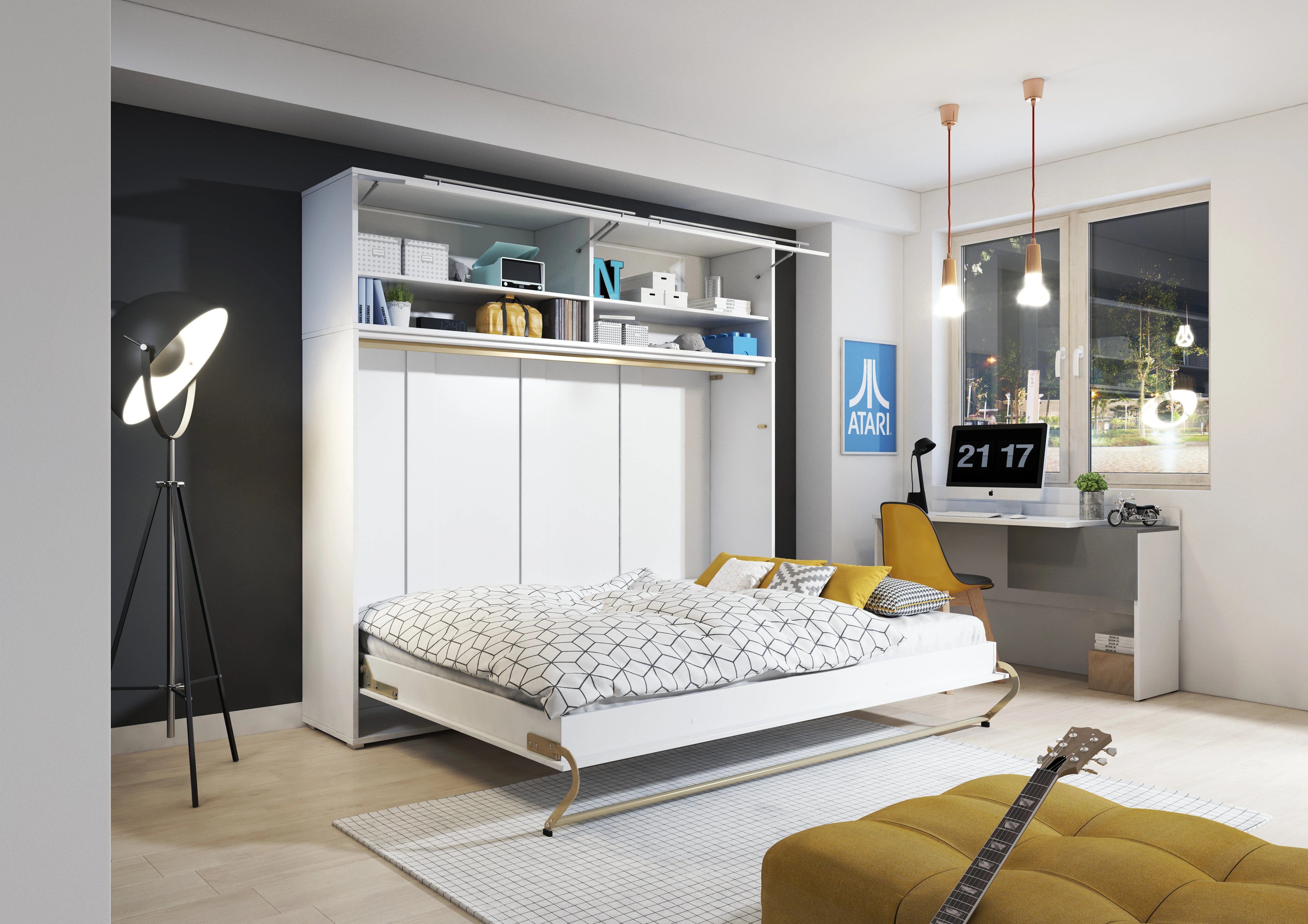 ArtNest Horizontal Wall Bed 140cm with Over Bed Unit - White Matt