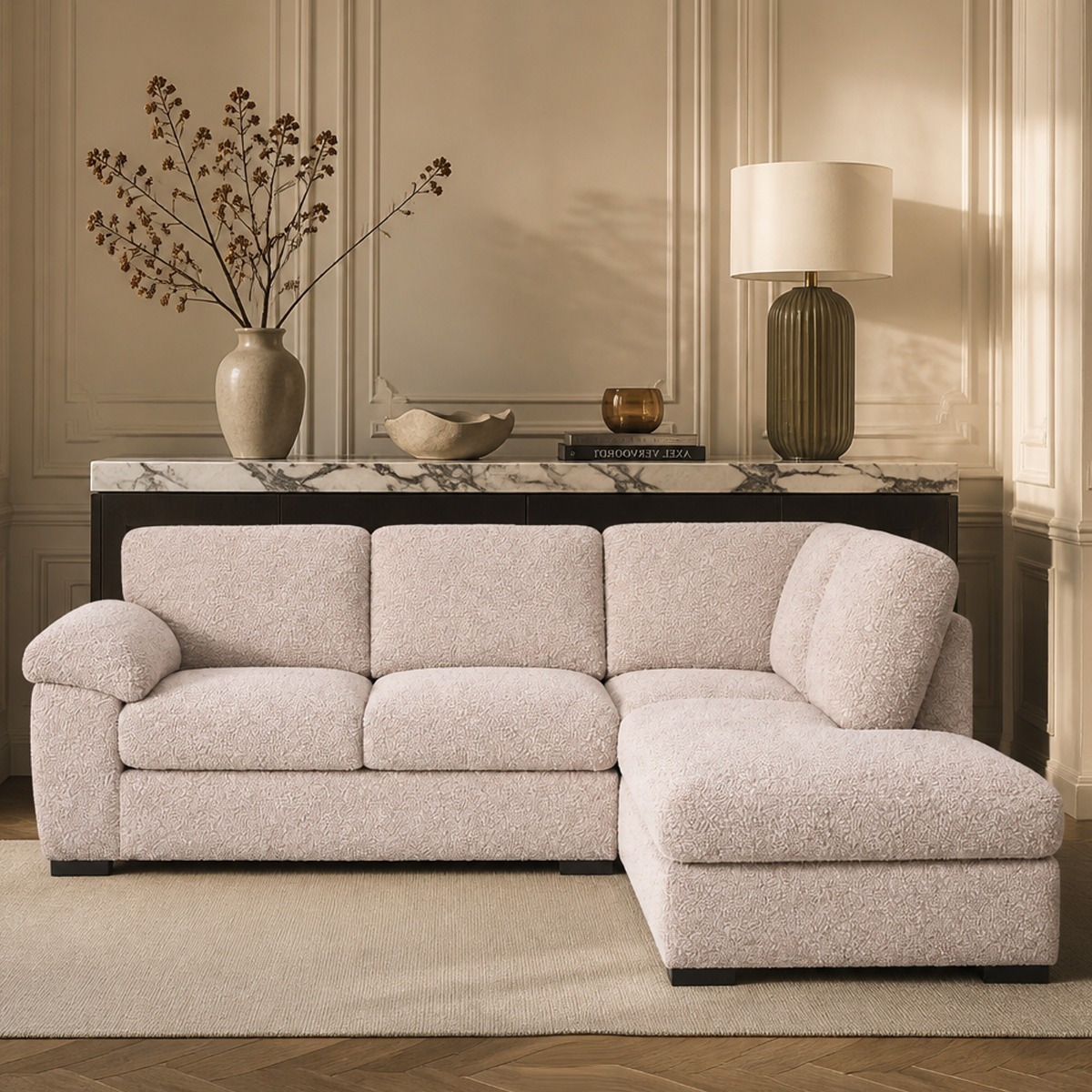 CORDURA Boucle Fabric L Shaped - Right Hand Facing Fullback Corner Sofa - Pink