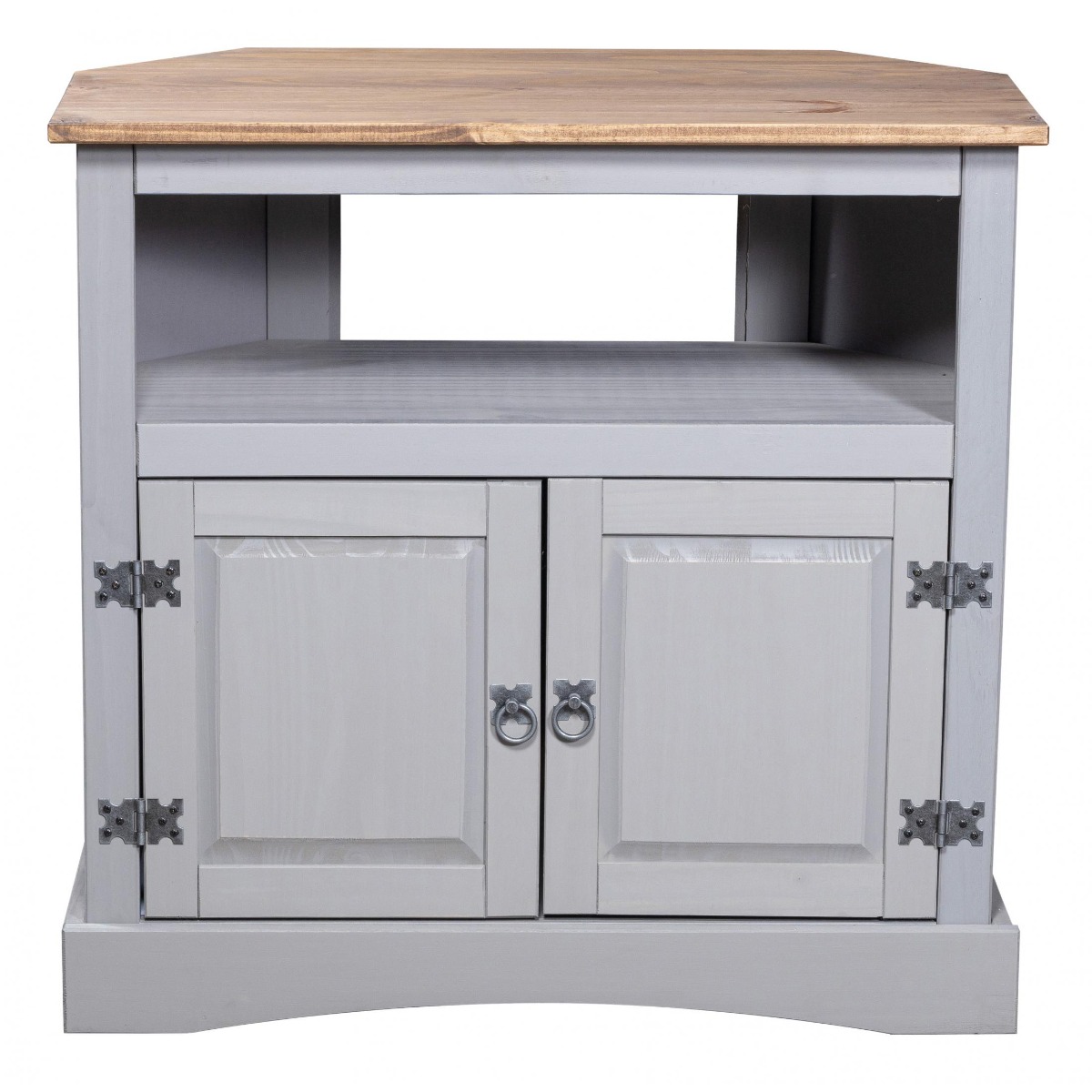 Waltham Solid Wooden 2-Doors and Wide Shilf Corner TV Cabinet with Light Pine Top - Grey Finish