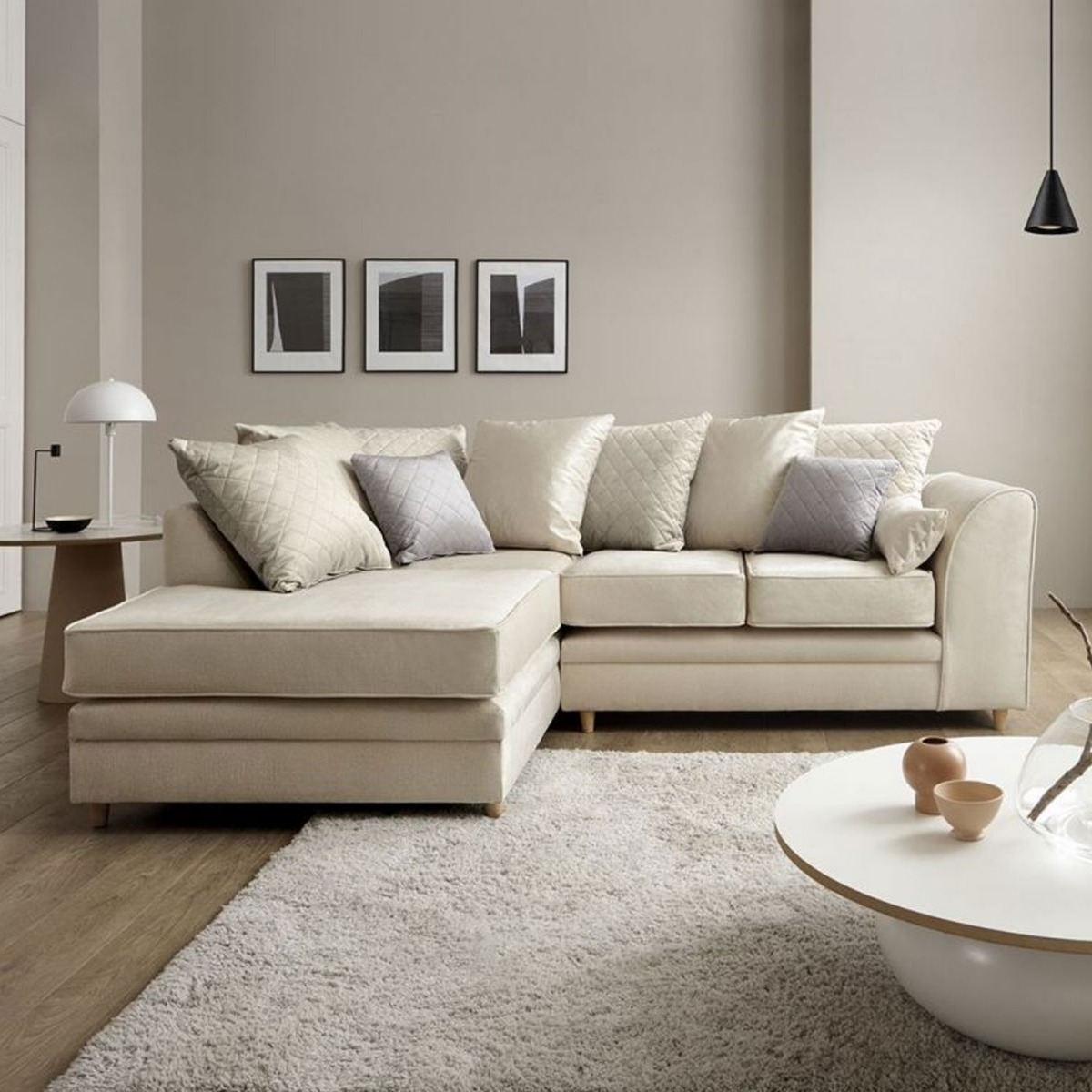 BETHAN Velvet Corner Sofa - Left Arm Cream