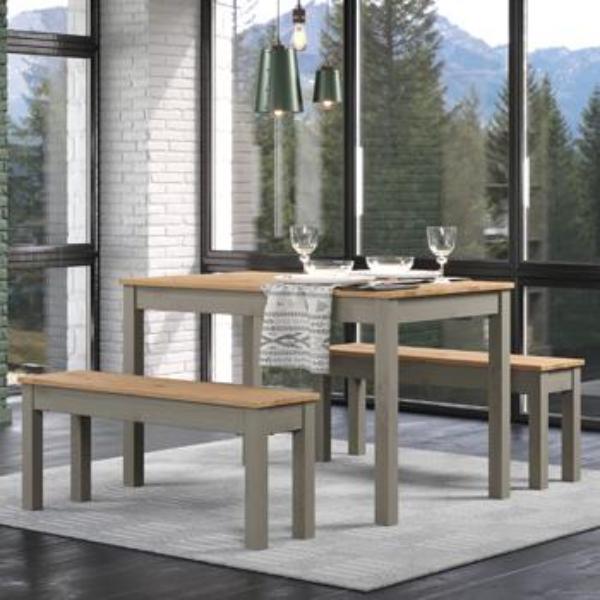 Ethans Large Dining Table with 2 Bench Set - Grey