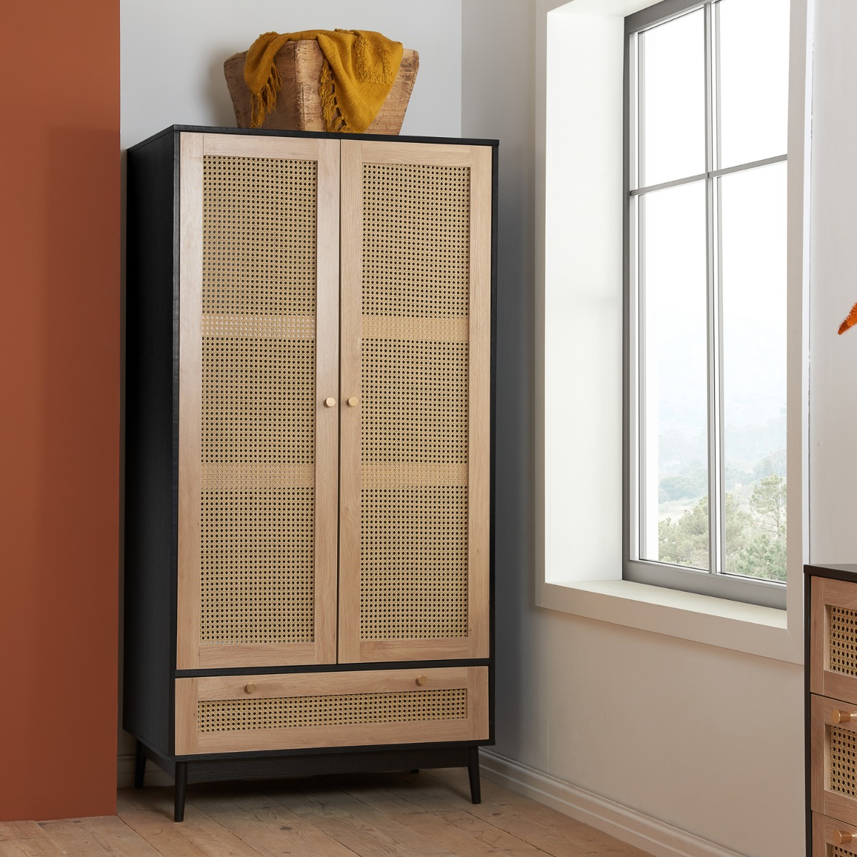 CARDANO 2 Door Rattan Wardrobe with 1 Drawer Black - 90cm