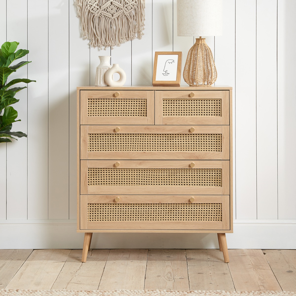 CARDANO Oak Finish Rattan Chest of Drawers - Medium-sized, 5 Drawers