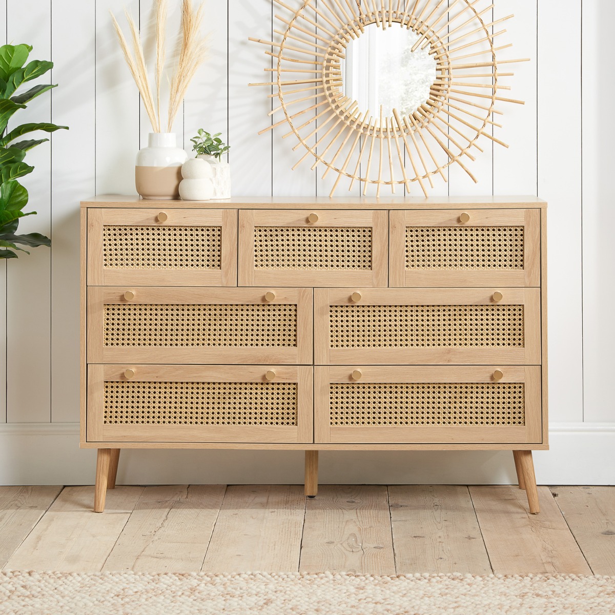 CARDANO Oak Finish Rattan Chest of Drawers - Large-sized, 7 Drawers
