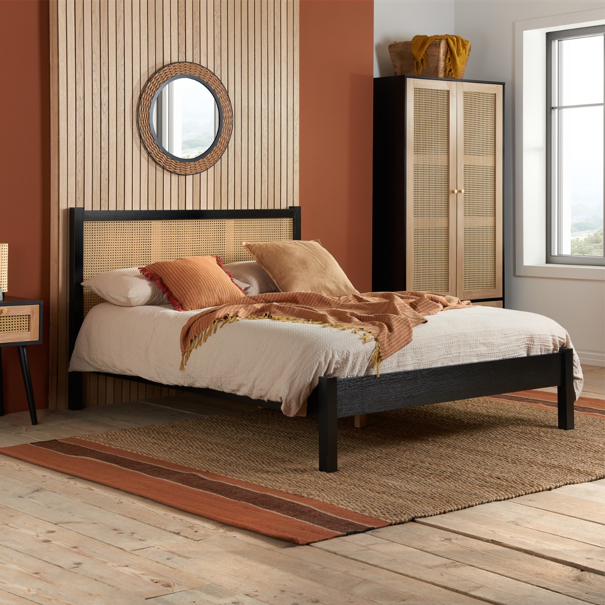 Croxley Large Rattan Headboard Design Black Bed - Kingsize 5ft