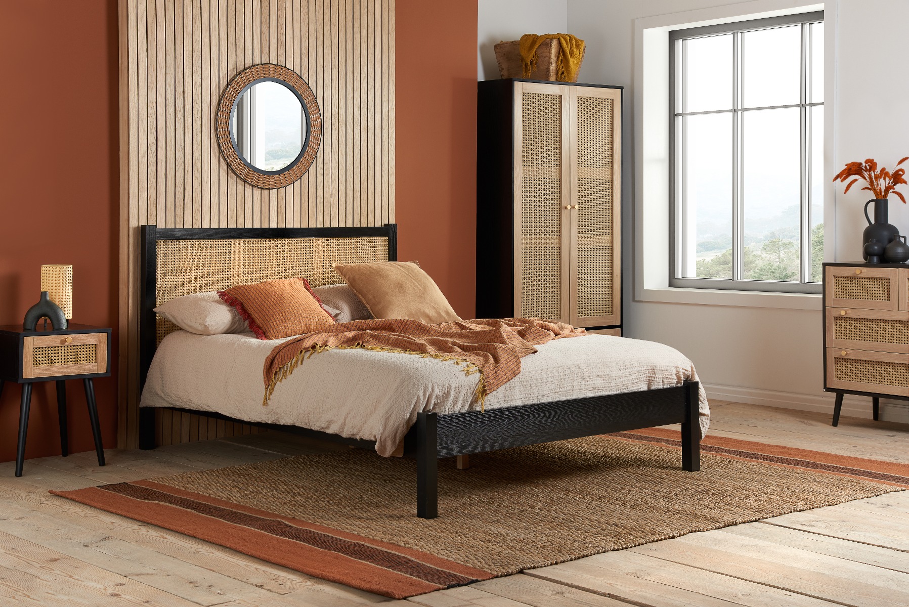 Croxley Large Rattan Headboard Design Black Bed - Standard Double 4ft6