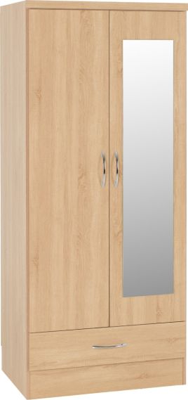 NEWBIGGIN 2 Door Mirrored Wardrobe with 1 Drawer Medium Oak - 78cm