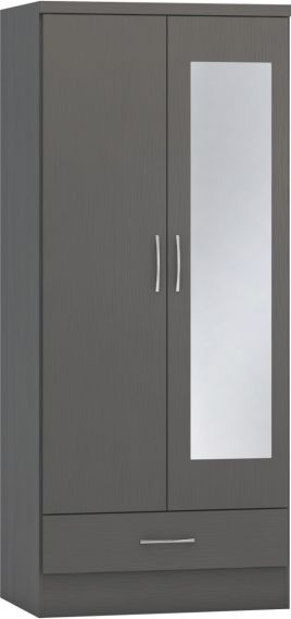 NEWBIGGIN 2 Door Mirrored Wardrobe with 1 Drawer Grey - 78cm