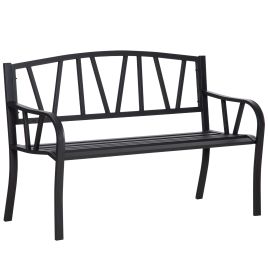 2-Seater Garden Bench Solid Metal Loveseat Outdoor Furniture for Patio Family Chair w/ Decorative Backrest Ergonomic Armrest