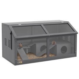 Hamster Cage, Wooden Small Animal Cage for Gerbils, Mice w/ Suspension Bridge, Openable Top, Hut, 85 x 45 x 44cm - Grey