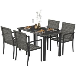 Outdoor Dining Set 5 Pieces Patio Conservatory with Tempered Glass Tabletop,4 Dining Chairs - Grey