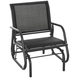 Outdoor Gliding Swing Chair Garden Seat w/ Mesh Seat Curved Back Steel Frame Armrests Comfortable Lounge Furniture Dark Grey Black