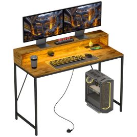 HERON 120cm Computer Gaming Desk with LED Lights, Power Outlets, Monitor Stand, Rustic Brown