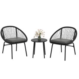 3 Piece Garden Furniture Set with Cushions, Round PE Rattan Bistro Set w/ 2 Armchairs & Metal Plate Coffee Table