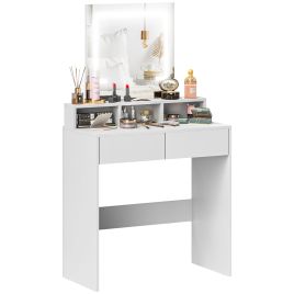 HERON Dressing Table with Mirror and LED Lights, Vanity Table with 2 Drawers, 3 Compartments, 3 Colour Lighting, White