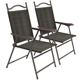 2 Pieces Folding Patio Camping Chairs Set, Sports Chairs for Adults with Armrest, Mesh Fabric Seat for Lawn